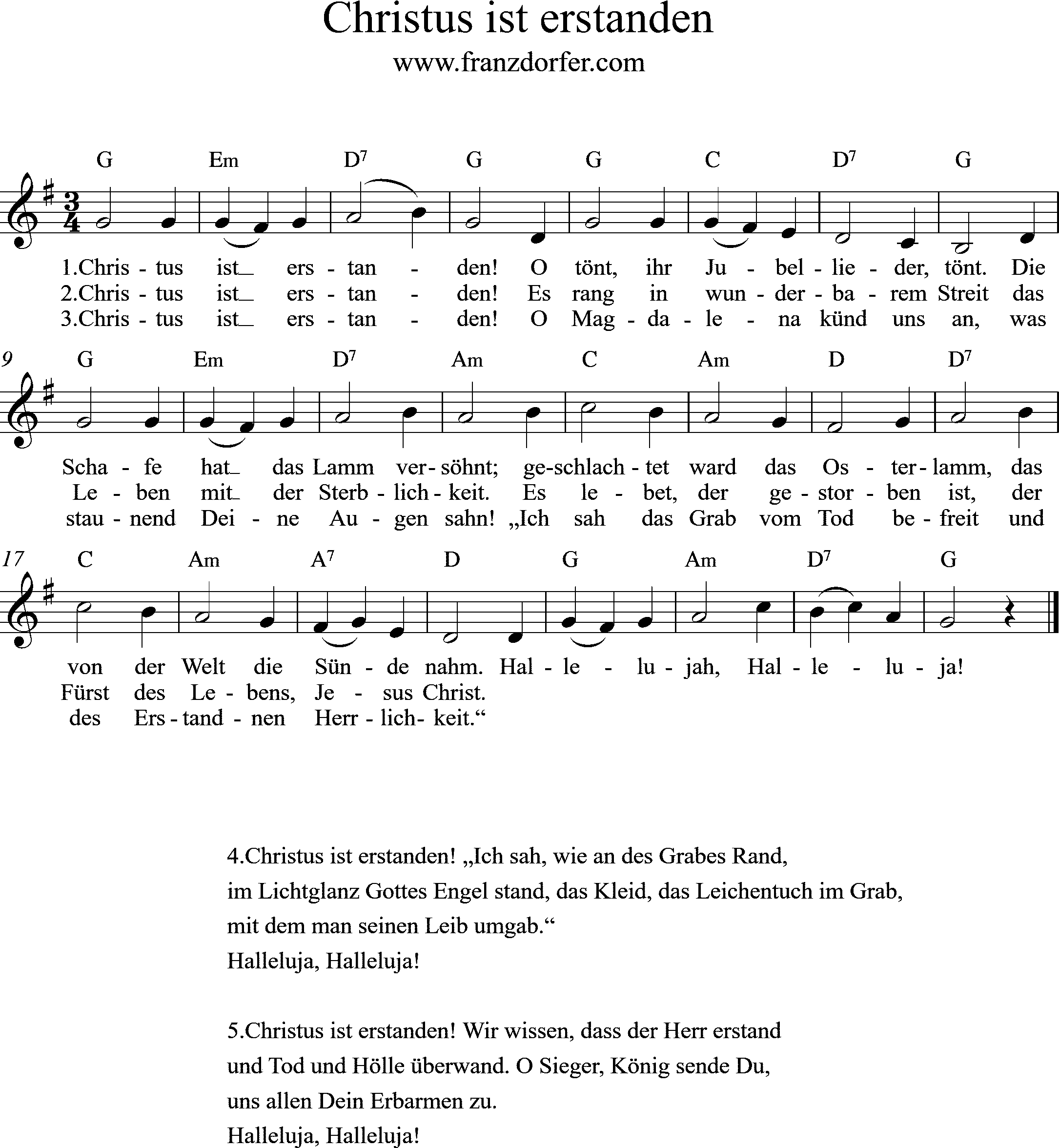 Noten, G-Dur, Christus is erstanden